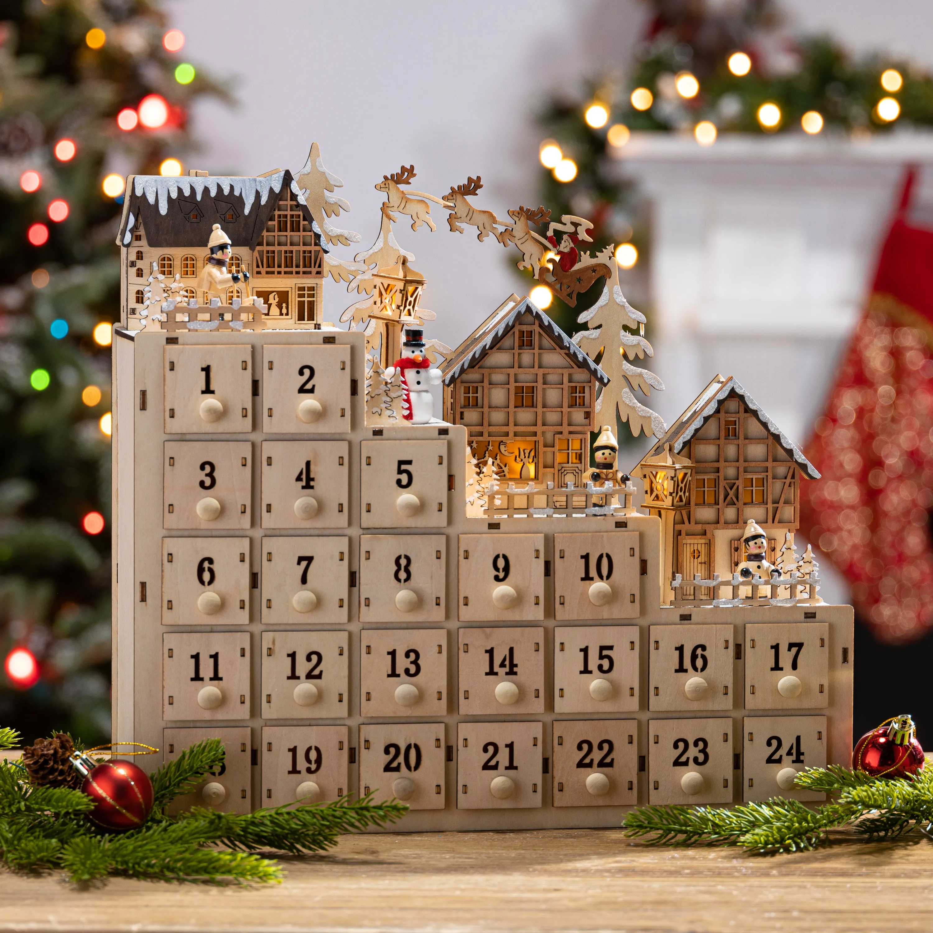 14.9-in L Battery- Operated Lighted Wood Village Scene Advent Calendar